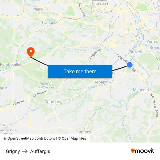 Grigny to Auffargis map