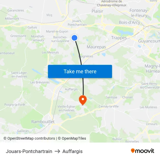 Jouars-Pontchartrain to Auffargis map