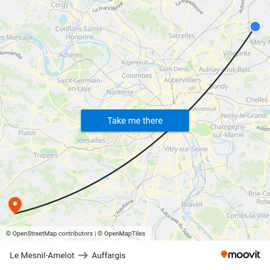 Le Mesnil-Amelot to Auffargis map