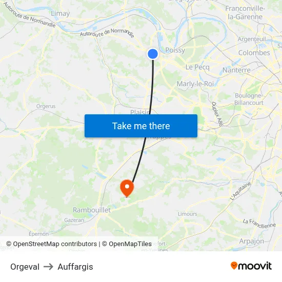 Orgeval to Auffargis map