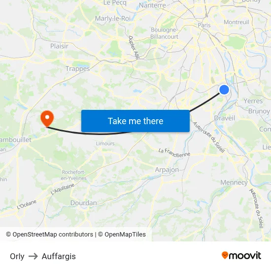 Orly to Auffargis map