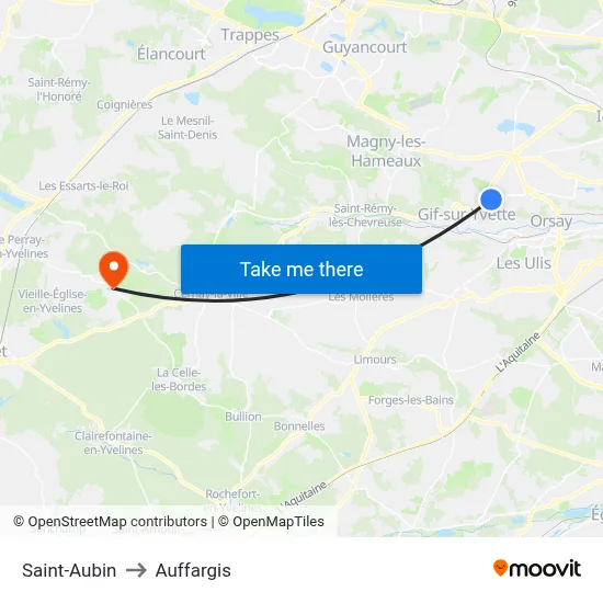Saint-Aubin to Auffargis map