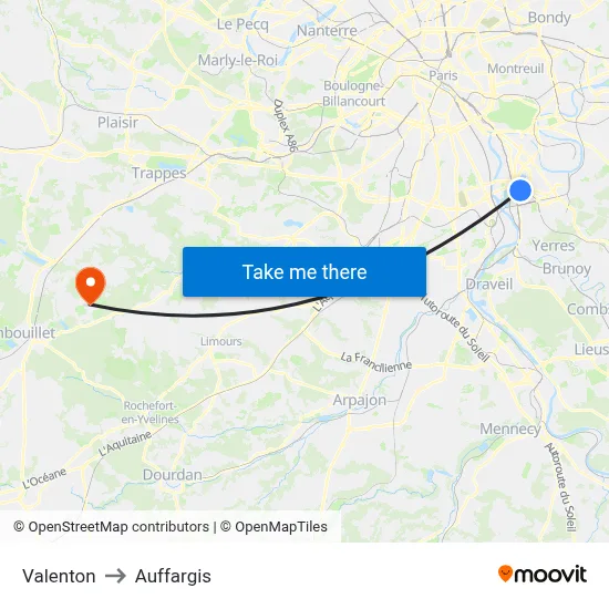 Valenton to Auffargis map