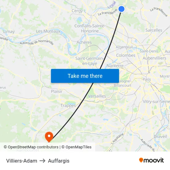 Villiers-Adam to Auffargis map