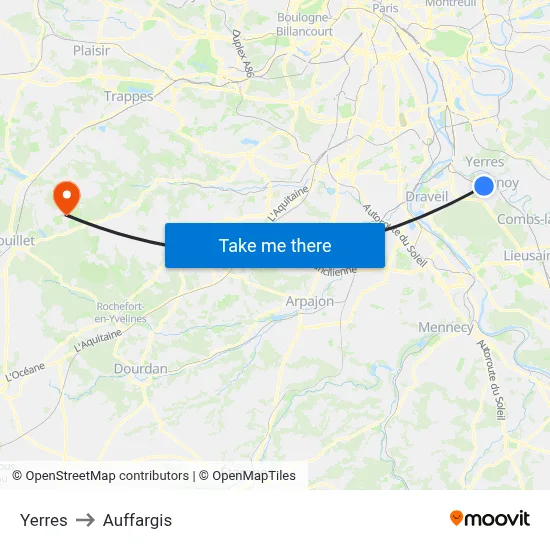 Yerres to Auffargis map