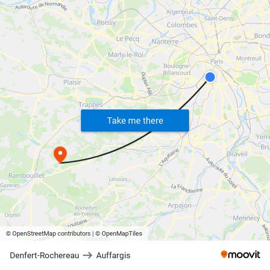 Denfert-Rochereau to Auffargis map
