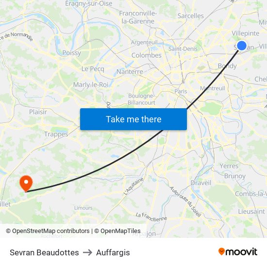Sevran Beaudottes to Auffargis map