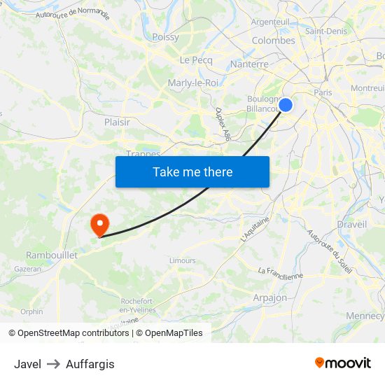 Javel to Auffargis map
