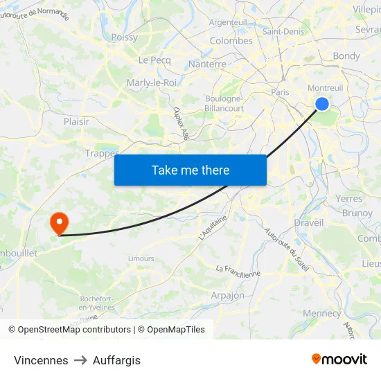 Vincennes to Auffargis map
