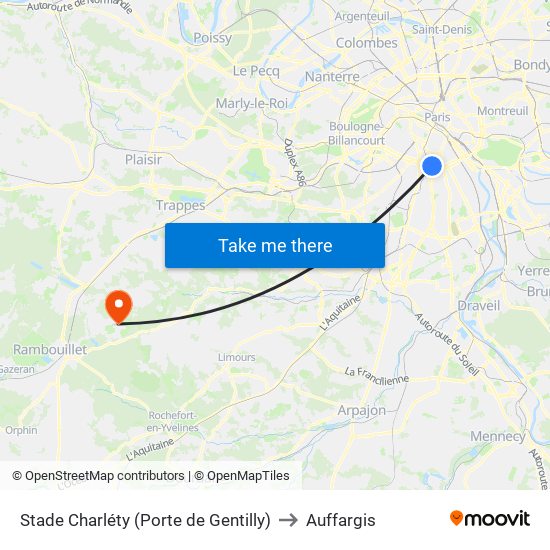 Stade Charléty (Porte de Gentilly) to Auffargis map