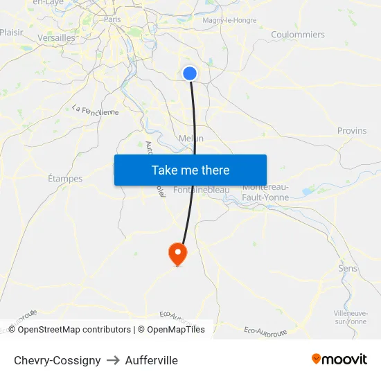 Chevry-Cossigny to Aufferville map