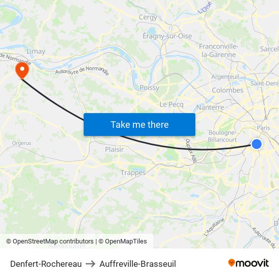 Denfert-Rochereau to Auffreville-Brasseuil map