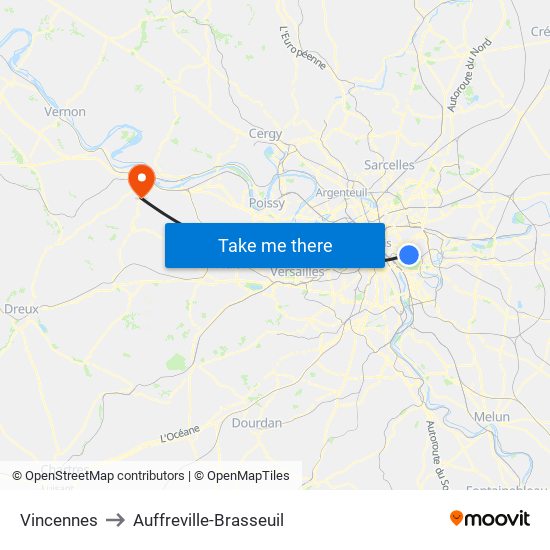 Vincennes to Auffreville-Brasseuil map