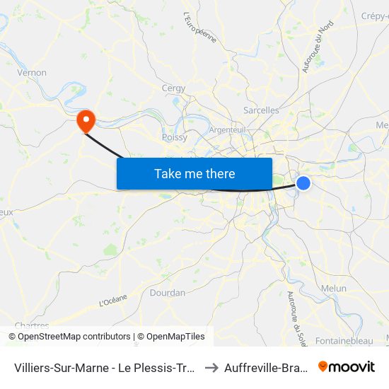 Villiers-Sur-Marne - Le Plessis-Trévise RER to Auffreville-Brasseuil map