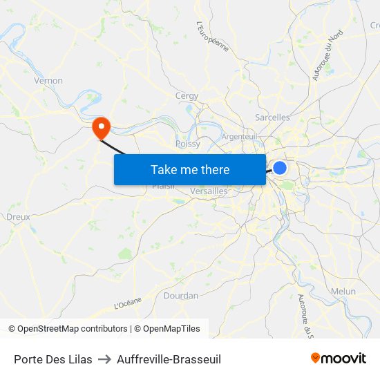 Porte Des Lilas to Auffreville-Brasseuil map