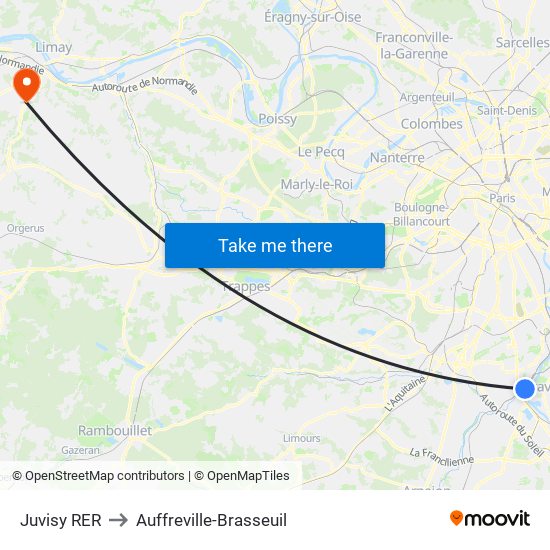 Juvisy RER to Auffreville-Brasseuil map