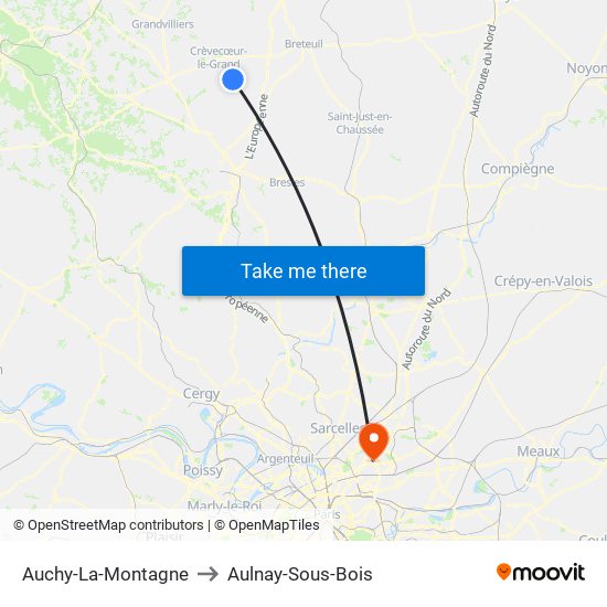 Auchy-La-Montagne to Aulnay-Sous-Bois map