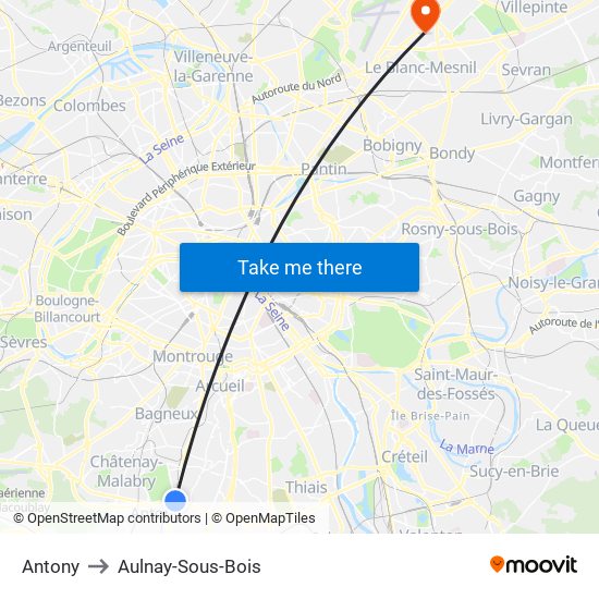 Antony to Aulnay-Sous-Bois map