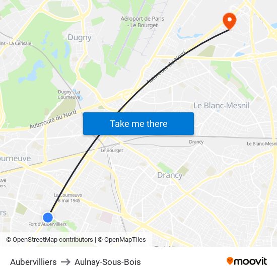 Aubervilliers to Aulnay-Sous-Bois map