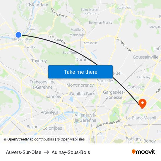 Auvers-Sur-Oise to Aulnay-Sous-Bois map