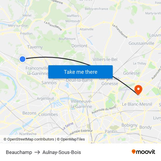 Beauchamp to Aulnay-Sous-Bois map