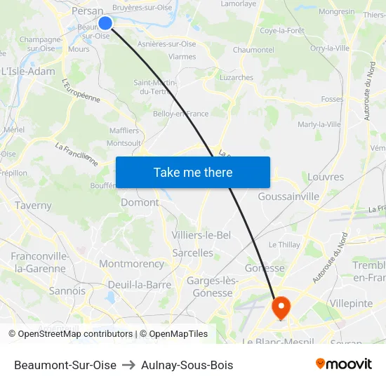 Beaumont-Sur-Oise to Aulnay-Sous-Bois map