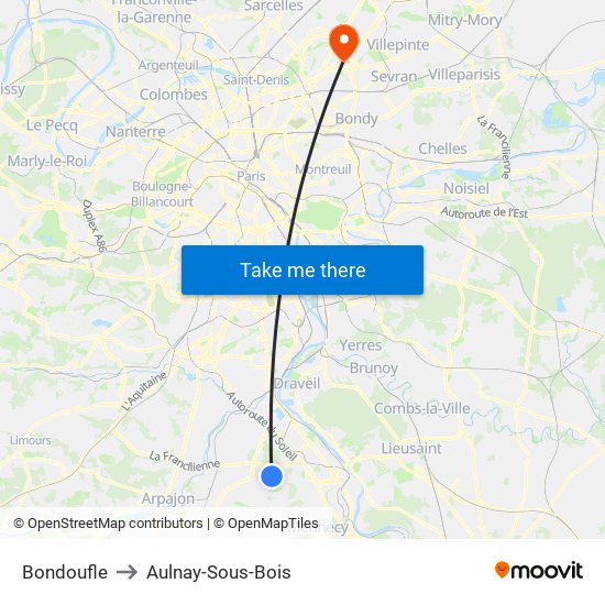 Bondoufle to Aulnay-Sous-Bois map