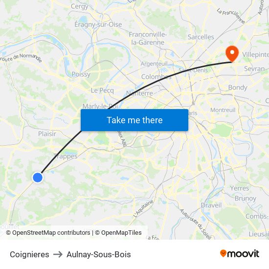 Coignieres to Aulnay-Sous-Bois map