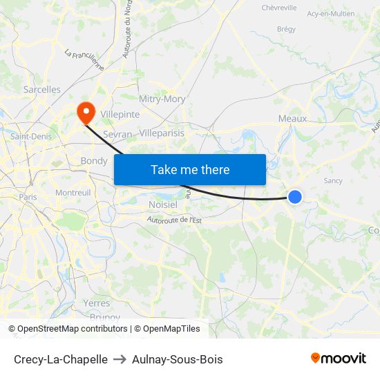 Crecy-La-Chapelle to Aulnay-Sous-Bois map