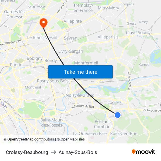 Croissy-Beaubourg to Aulnay-Sous-Bois map