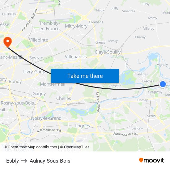 Esbly to Aulnay-Sous-Bois map