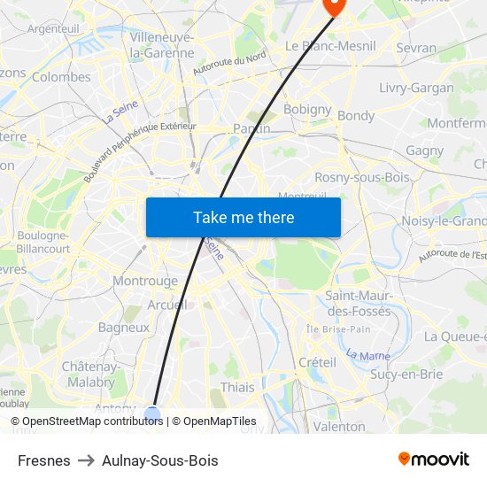 Fresnes to Aulnay-Sous-Bois map