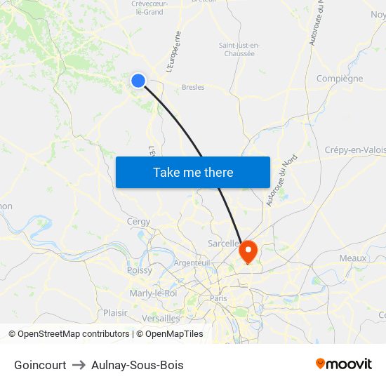 Goincourt to Aulnay-Sous-Bois map