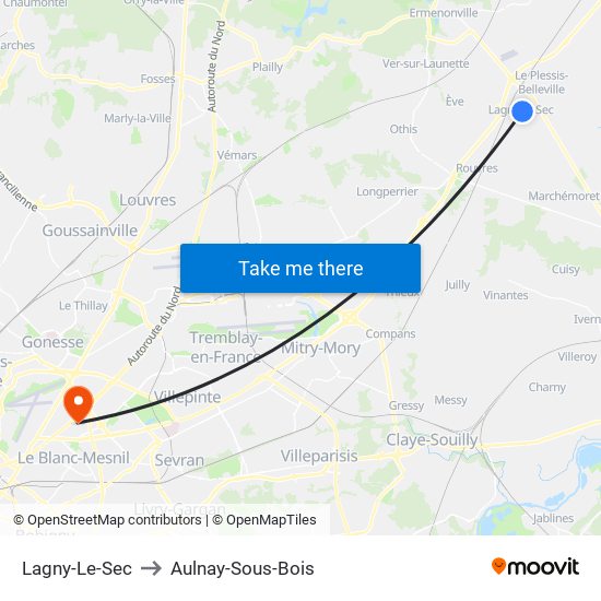 Lagny-Le-Sec to Aulnay-Sous-Bois map
