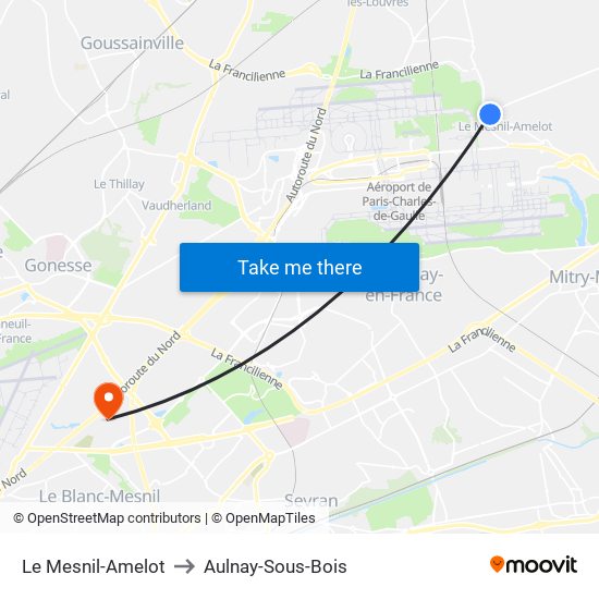 Le Mesnil-Amelot to Aulnay-Sous-Bois map