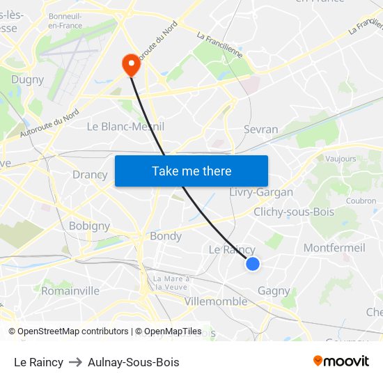 Le Raincy to Aulnay-Sous-Bois map