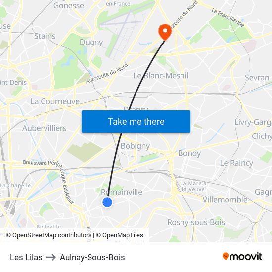 Les Lilas to Aulnay-Sous-Bois map