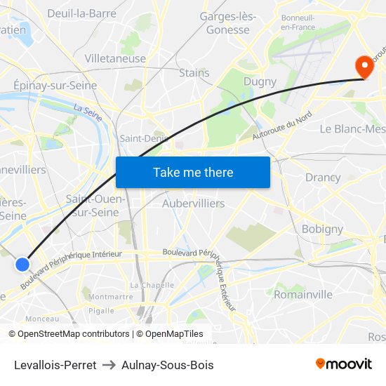 Levallois-Perret to Aulnay-Sous-Bois map