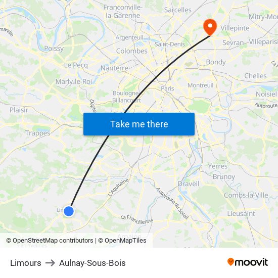 Limours to Aulnay-Sous-Bois map