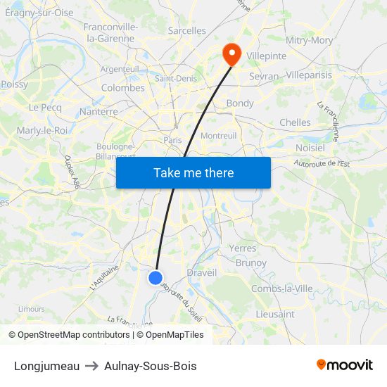 Longjumeau to Aulnay-Sous-Bois map