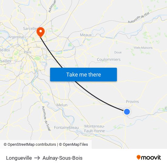 Longueville to Aulnay-Sous-Bois map