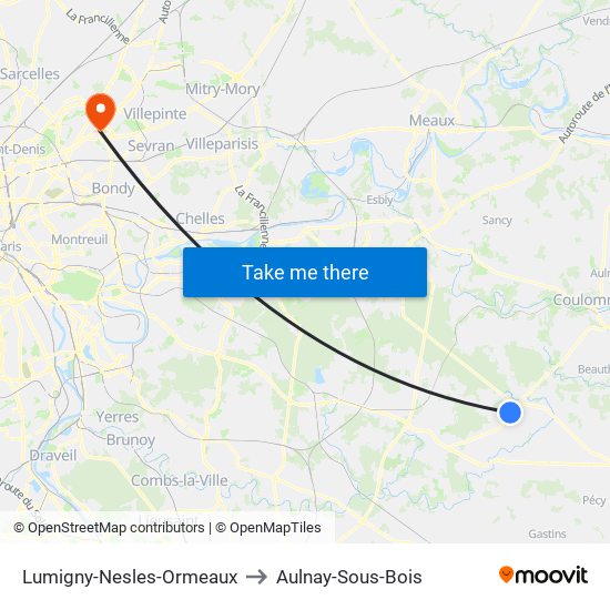 Lumigny-Nesles-Ormeaux to Aulnay-Sous-Bois map