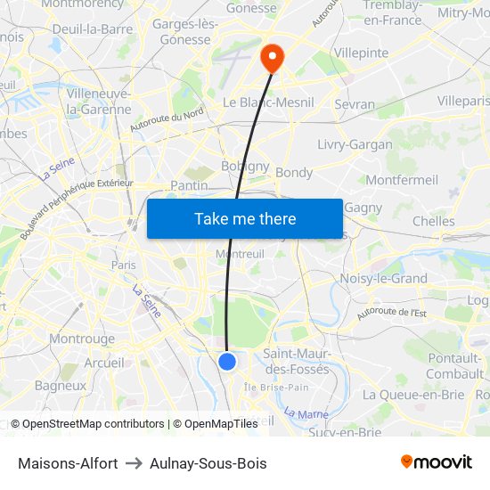 Maisons-Alfort to Aulnay-Sous-Bois map