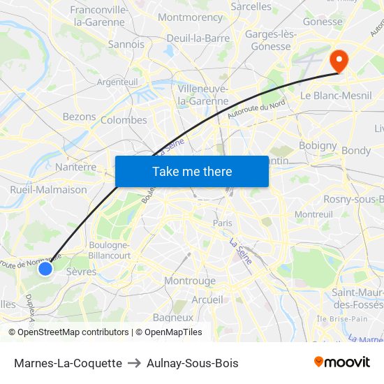 Marnes-La-Coquette to Aulnay-Sous-Bois map