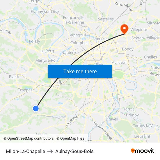 Milon-La-Chapelle to Aulnay-Sous-Bois map