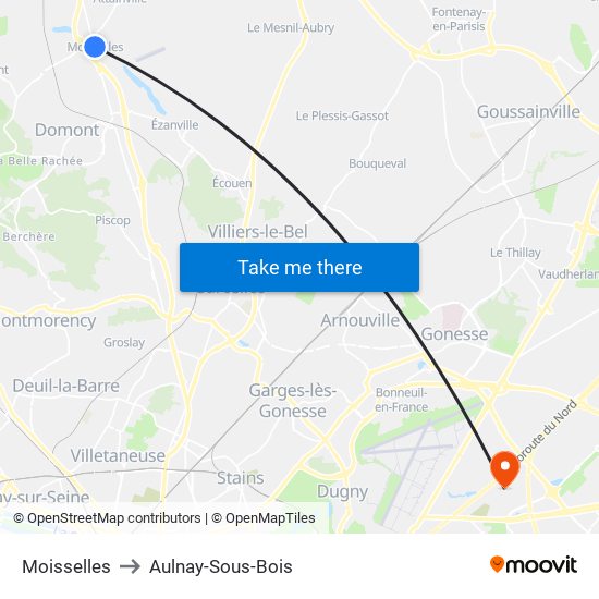 Moisselles to Aulnay-Sous-Bois map