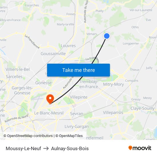 Moussy-Le-Neuf to Aulnay-Sous-Bois map