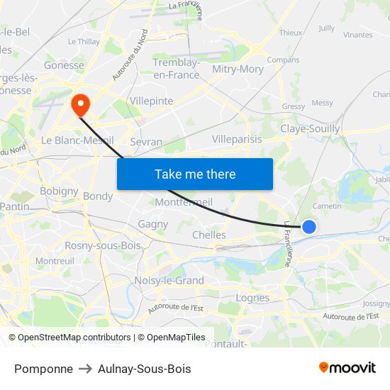 Pomponne to Aulnay-Sous-Bois map