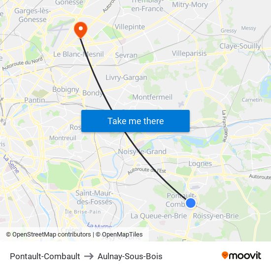 Pontault-Combault to Aulnay-Sous-Bois map