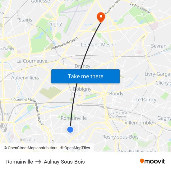 Romainville to Aulnay-Sous-Bois map